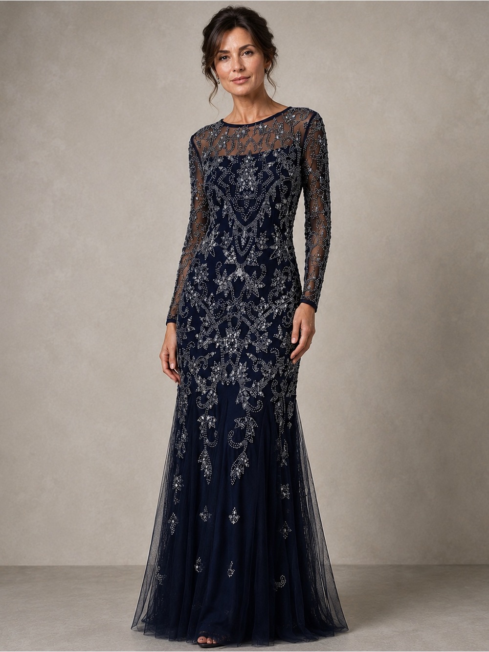 Adrianna Papell Long Sleeve Beaded Sequin Maxi Gown Size 12